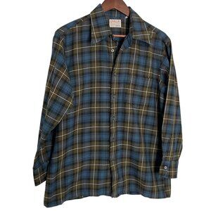 Vintage 60s Challa Cloth Cisco Button Down Shirt L Brown Blue Plaid Wool Cotton